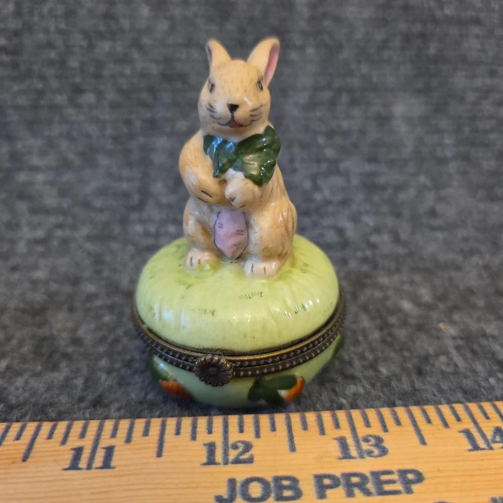 Rabbit Carrot Porcelain Round Trinket Box Small Hinged Metal Lid Figural Decor